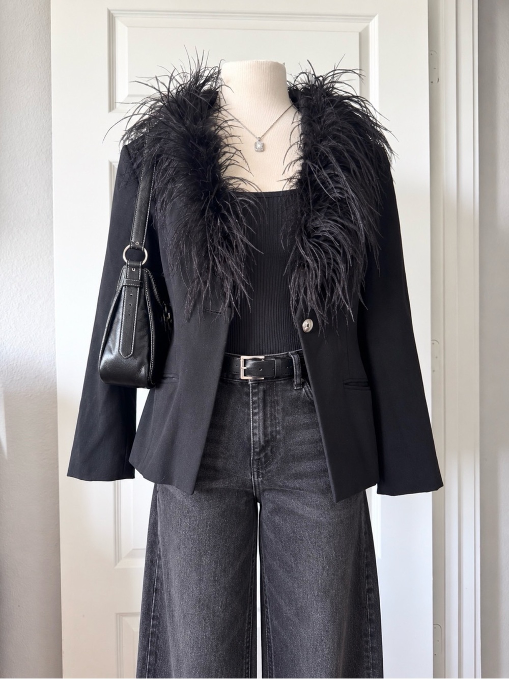 Vintage Valerie Stevens Black 100% Pure Wool Blazer with Feather Trim